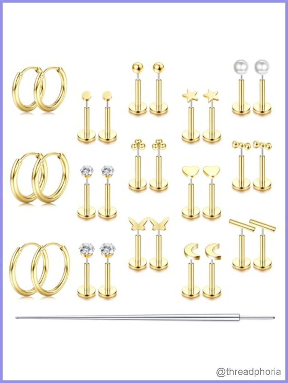 Threadless Flat Back Stud Earrings Stainless Steel 20G Push Back